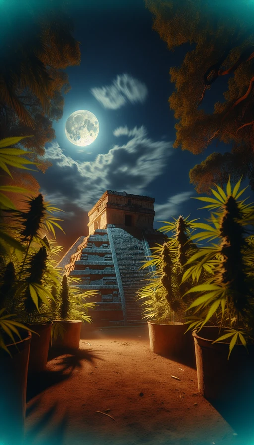 Un antiguo templo azteca rodeado de plantas de cannabis, iluminado por la luz de la luna. Modo vertical.