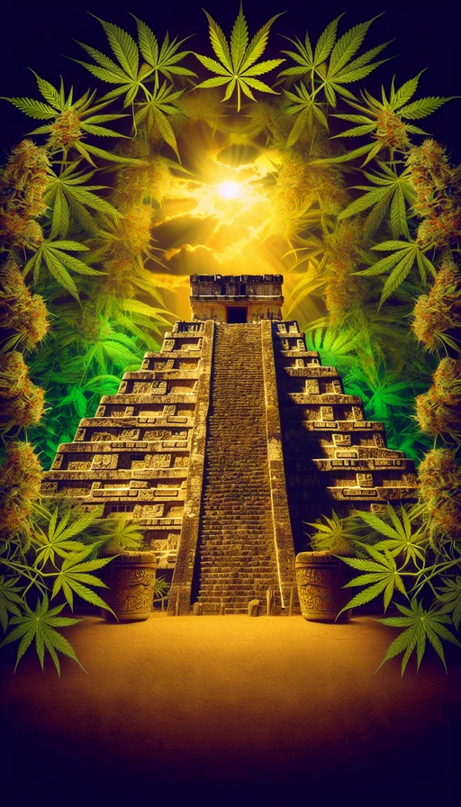 Un antiguo templo azteca cubierto de enredaderas de cannabis iluminado por una mística luz dorada. Modo vertical.