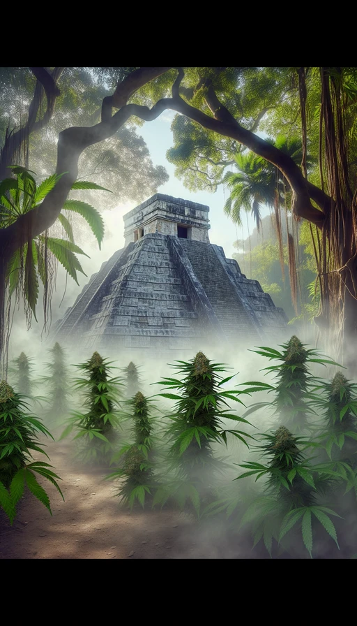 Un antiguo templo maya escondido entre plantas de cannabis, envuelto en una neblina mágica. Modo vertical.