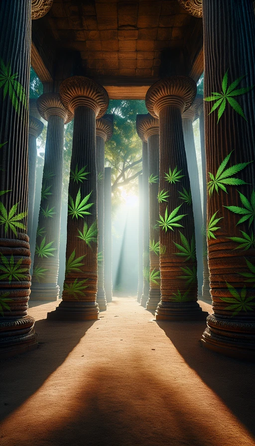 Un templo antiguo donde las columnas son enormes hojas de cannabis. La luz del amanecer atraviesa las hojas. Modo vertical.