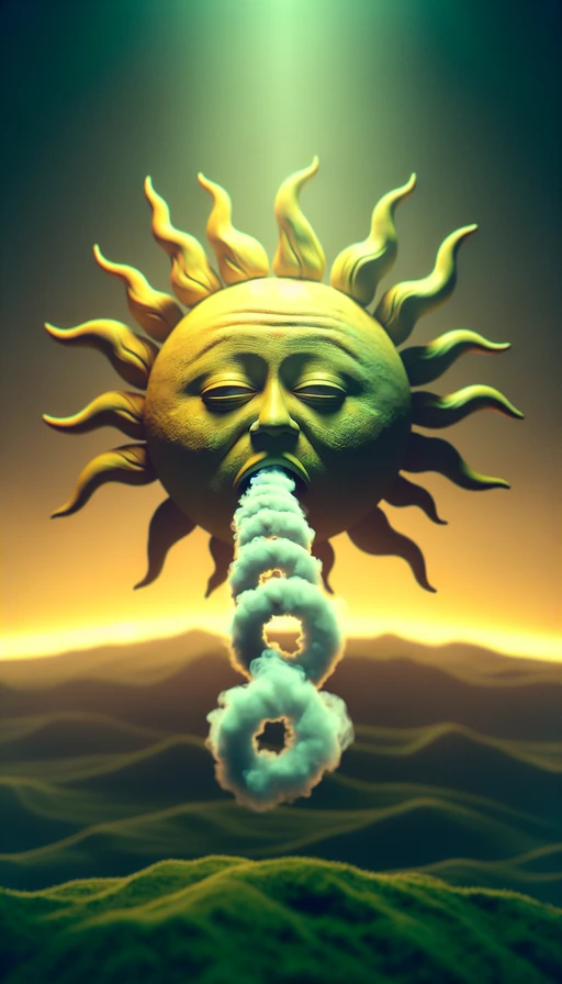 Un sol en tonos verdes y amarillos con un rostro relajado y ojos soñolientos se eleva en el horizonte. De su boca se escapa un humo espiral, suave y denso, que forma en el aire la figura de "420" justo sobre la línea del horizonte. Toda la escena está bañada en una luz cálida que evoca una tarde perfecta para la contemplación y la introspección. Modo vertical.