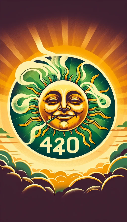 Un brillante sol verde y amarillo en el cielo, su cara tiene una expresión relajada y soñadora. Humo sinuoso emerge de alrededor del sol, formando la silueta perfecta de "420". El fondo tiene un tono cálido y nebuloso, acentuando la atmósfera relajante y festiva. Modo vertical.