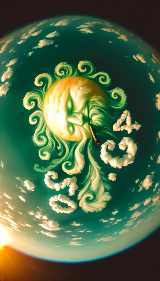Un sol verde y amarillo con un rostro soñoliento y sereno. Nubes de humo se arremolinan suavemente formando el texto "420" de manera clara y artística en el cielo. Modo vertical.