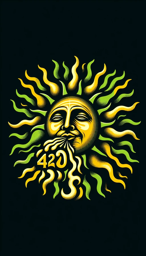 Un diseño psicodélico protagonizado por un sol en tonos verdes y amarillos, con una cara tranquila y relajada. De su boca sopla humo, componiendo con precisión el número "420" en el aire. Todo en modo vertical, capturando la esencia de la hora mágica.
