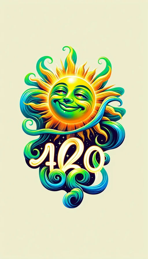 Un sol en tonos verdes y amarillos que brilla intensamente en el horizonte, su rostro con expresión sonriente y soñadora. Delicadas volutas de humo flotan a su alrededor, formándose cuidadosamente para crear el número "420". Que el estilo sea vibrante y onírico, con el texto "420" de humo como protagonista. Modo vertical.