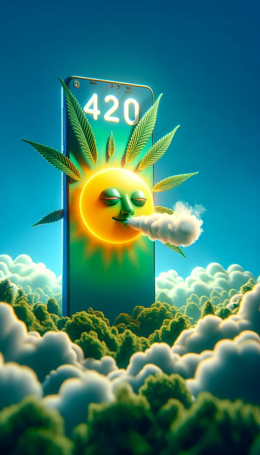 Un sol verde y amarillo con una cara relajada en medio de un cielo azul. El humo se eleva lentamente formando la cifra exacta "420", sin ningún otro texto alrededor. La atmósfera es mística y tranquila. Modo vertical.