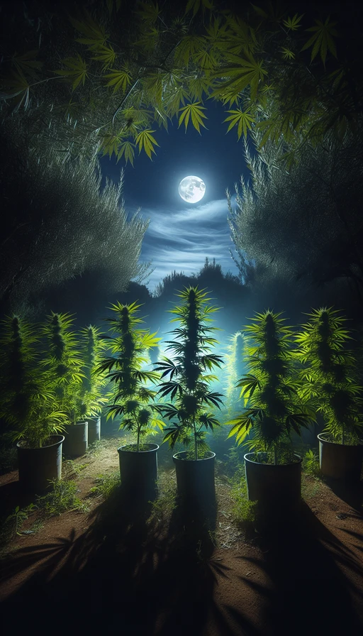 Un jardín secreto de cannabis iluminado por la luz de la luna, donde las hojas parecen danzar suavemente con el viento. Modo vertical.