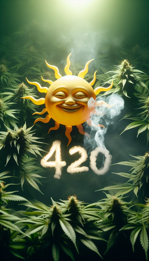 Un sol en tonos verdes y amarillos, sonriente y relajado, baña un jardín de cannabis. Desde su cálido resplandor, se forma una nube de humo que cuidadosamente esculpe en el aire la precisa cifra "420". Modo vertical.