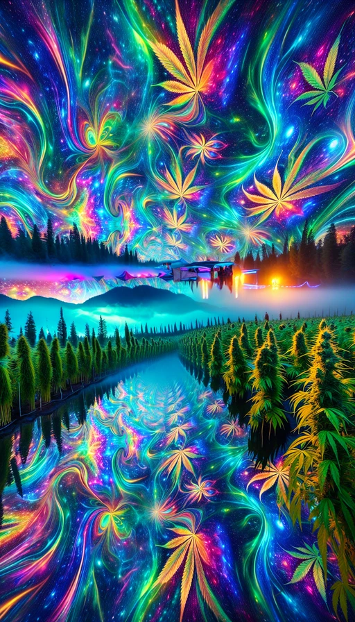 Un festival en un valle surrealista con cultivos de cannabis danzantes, cielos de colores vibrantes y luces psicodélicas reflejándose en un lago tranquilo. Modo vertical.
