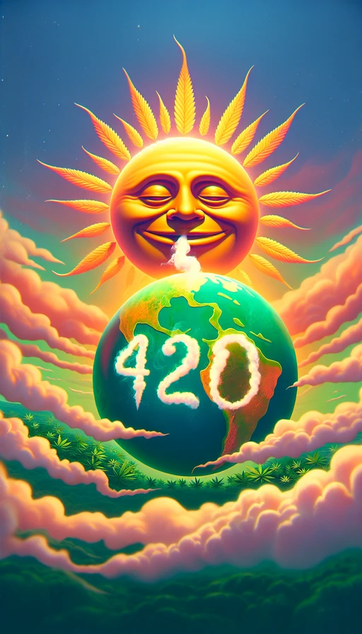 Un sol verde y amarillo con rostro relajado en el cielo. El humo se eleva de la tierra formando el número "420" claramente. La escena debe ser colorida y mística, capturando la esencia del momento. Formato vertical.