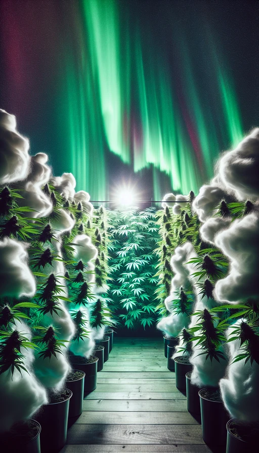 Un jardín surrealista donde las hojas de cannabis se mezclan con nubes algodonosas bajo una aurora boreal. Modo vertical.