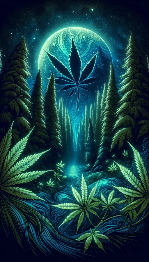 Un antiguo bosque místico donde las hojas de cannabis brillan como esmeraldas bajo la luz de la luna. Modo vertical.