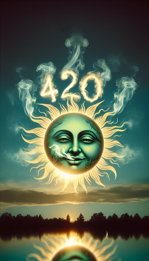 Un sol verde y amarillo con un rostro relajado y ojos soñadores en el cielo. A su alrededor, el humo forma suavemente el número "420" en el aire. El ambiente es místico y lleno de calma. Modo vertical.