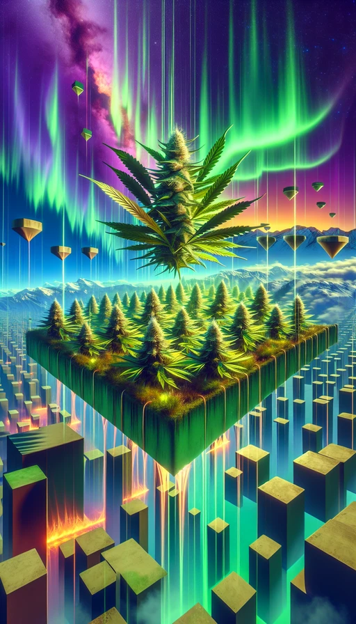 Un oasis futurista donde las plantas de cannabis crecen en huertos flotantes bajo una aurora boreal resplandeciente. Modo vertical, estilo surrealista.