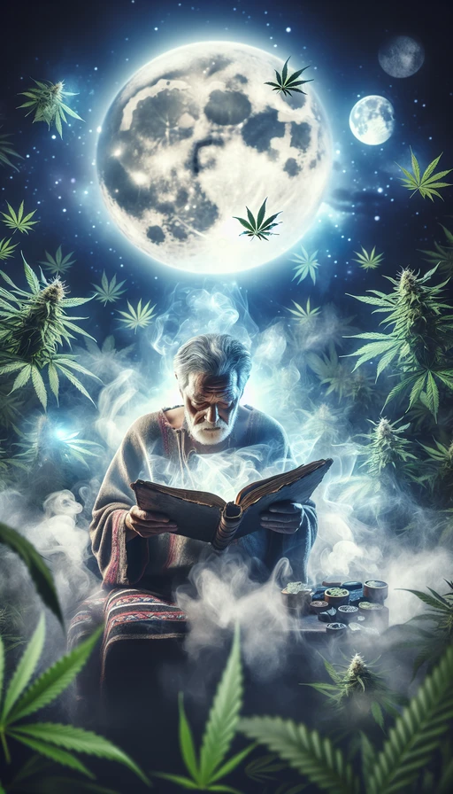 Un anciano chamán, rodeado de nubes de humo místico, consulta un antiguo grimorio iluminado bajo una luna llena resplandeciente. La vegetación de cannabis vibra a su alrededor, irradiando una luminosidad etérea. Modo vertical, atmosfera mágica.