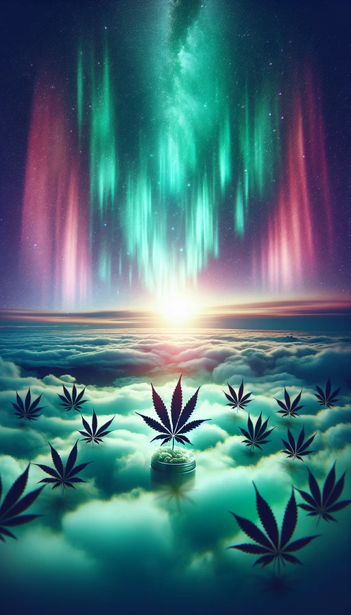 Un paisaje onírico en el que hojas de cannabis flotan en un cielo estrellado, creando el efecto de una aurora boreal. Modo vertical.