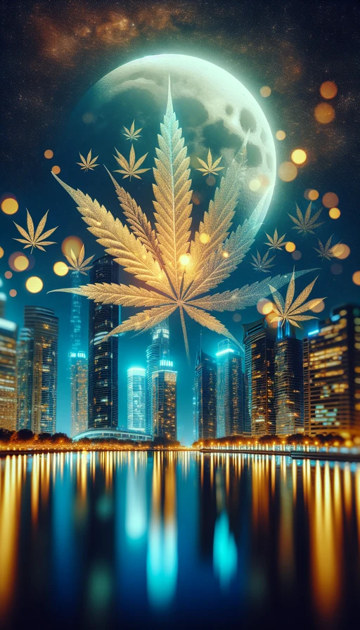 Una noche mágica en la ciudad, donde las luces de los rascacielos se transforman en hojas de cannabis brillantes bajo la luna llena. Ambiente de ensueño con reflejos dorados. Modo vertical.