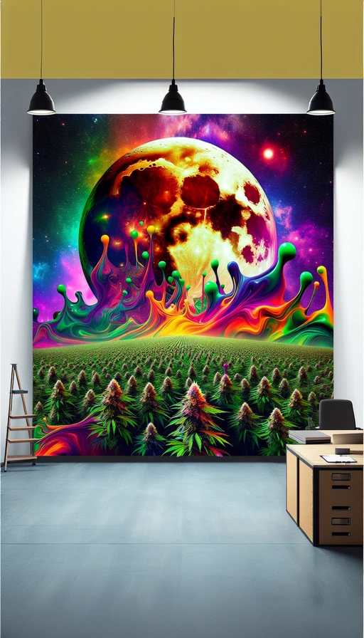 Una escena surrealista de una luna gigante iluminando un campo de cannabis en una noche estrellada, con colores vibrantes y formas líquidas. Modo vertical.
