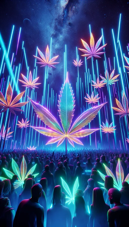 Imagina un festival futurista bajo la luz de los neones, donde las hojas de cannabis a gran escala cubren el cielo en una sinfonía de colores iridiscentes. Modo vertical.