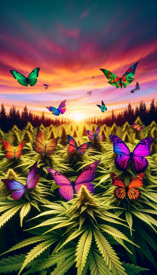Un paisaje surrealista donde las hojas de cannabis se transforman en coloridas mariposas al atardecer. Modo vertical.