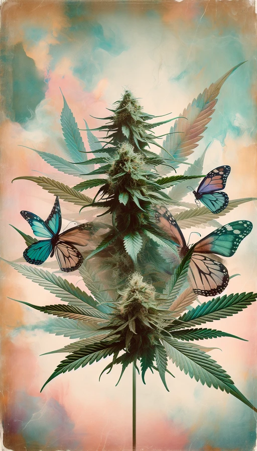 Un collage surrealista con hojas de cannabis que se transforman en mariposas. Fondo de tonos pastel. Modo vertical.