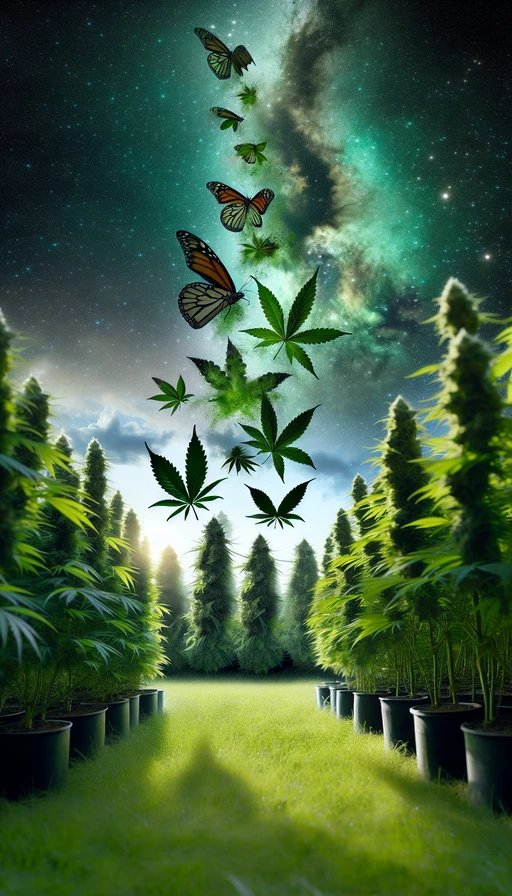 Un jardín surrealista donde hojas de cannabis se transforman en mariposas bajo un cielo estrellado. Modo vertical.