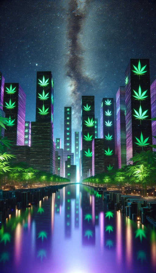 Una ciudad futurista donde los edificios están hechos de hojas de cannabis y sus luces brillan en tonos verdes y morados bajo un cielo estrellado. Modo vertical.