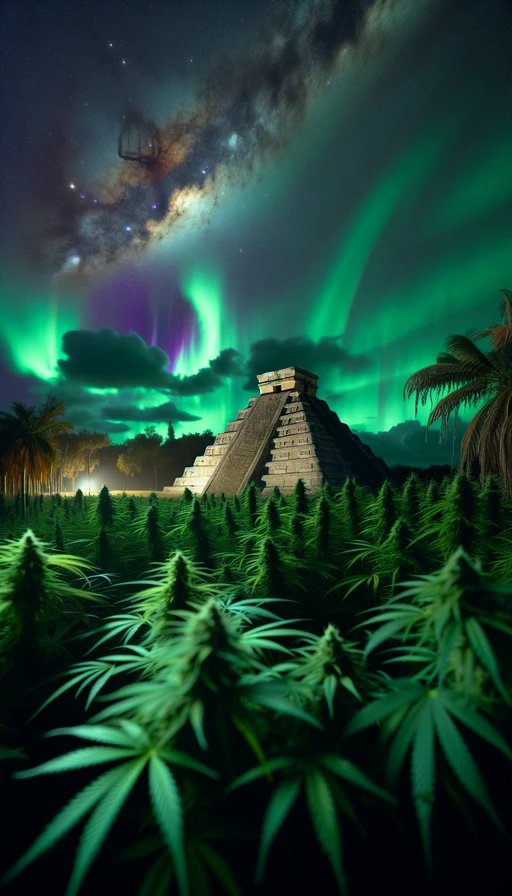 Una antigua pirámide maya rodeada de campos de cannabis, iluminada por una aurora boreal en el cielo nocturno. Modo vertical.