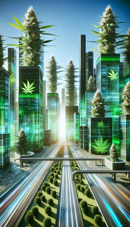 Una ciudad futurista donde los rascacielos son gigantescos tallos de cannabis. Modo vertical.