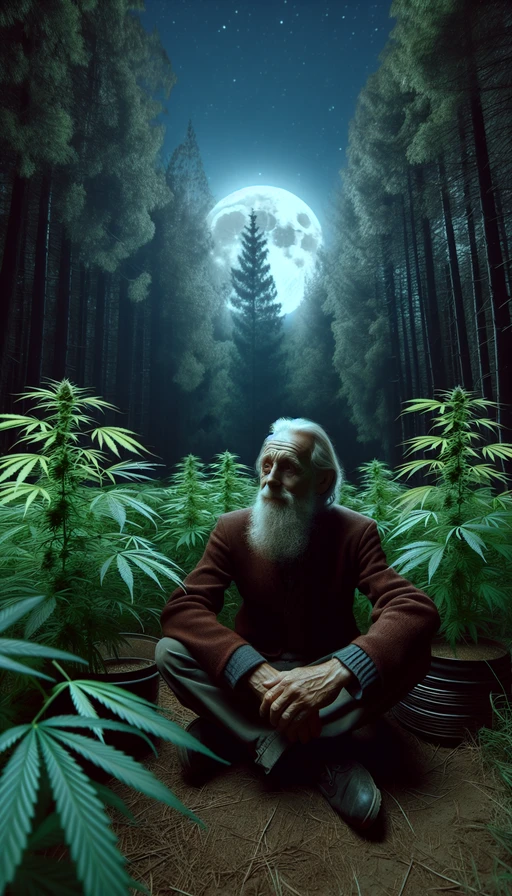 Un anciano sabio sentado en un claro del bosque, rodeado de plantas de cannabis que brillan suavemente bajo la luz de la luna. Modo vertical.