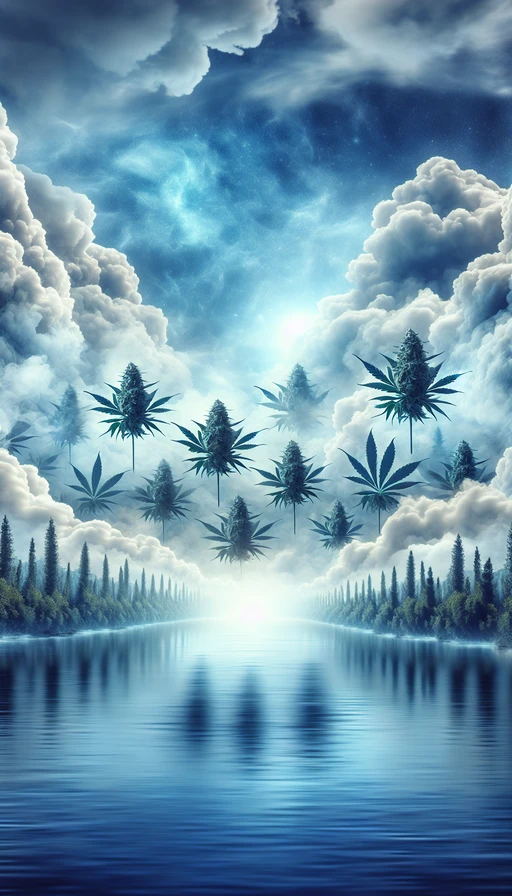 Un paisaje onírico donde las nubes se convierten en plantas de cannabis que flotan sobre un río sereno. Modo vertical.