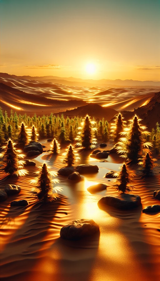 En un paisaje desértico, un oasis repleto de plantas de cannabis brillando con luz dorada mientras un horizonte de puesta de sol se despliega en el fondo. Modo vertical.