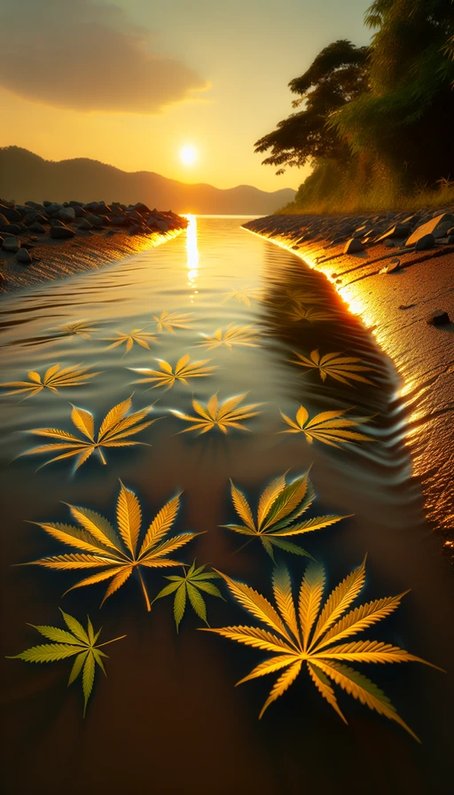 Una escena surrealista donde hojas de cannabis flotan suavemente en un río de luz dorada al atardecer. Modo vertical.
