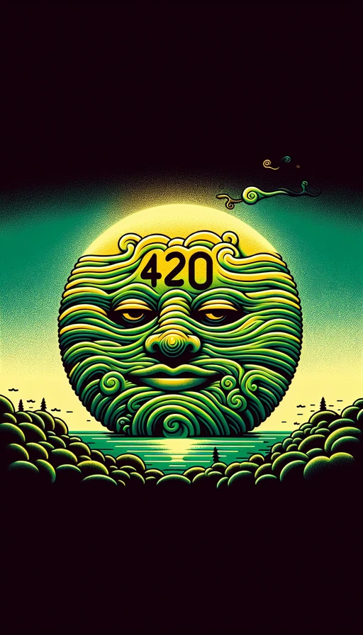 Un sol verde y amarillo en el horizonte, con una cara relajada y somnolienta, ilumina un paisaje surrealista. Desde el sol, espirales de humo ascienden lentamente al cielo, formando con precisión el número "420" mientras flotan en el aire. Modo vertical, sin texto adicional.