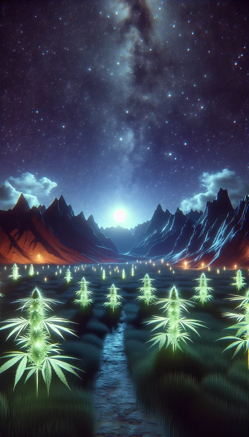 Un paisaje futurista donde crecen gigantes plantas de cannabis que brillan en la oscuridad bajo un cielo estrellado. Modo vertical.
