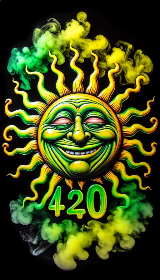 Un sol psicodélico en tonos verdes y amarillos con un rostro somnoliento y risueño. Rayos de sol difuminados en humo forman las cifras "420" claramente en el aire. Modo vertical para resaltar cada detalle de este momento único y chill.