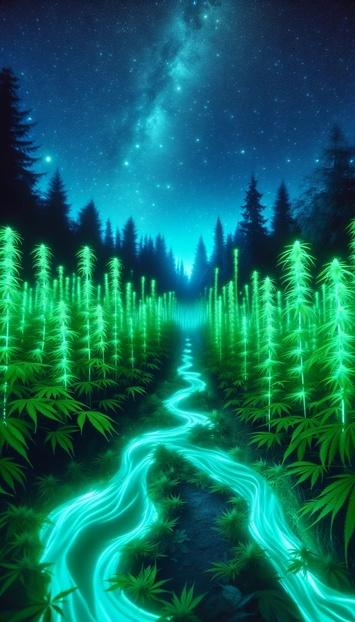 Una escena onírica donde un río verde fosforescente fluye a través de un campo de plantas de cannabis que se extienden hacia el cielo estrellado. Modo vertical.