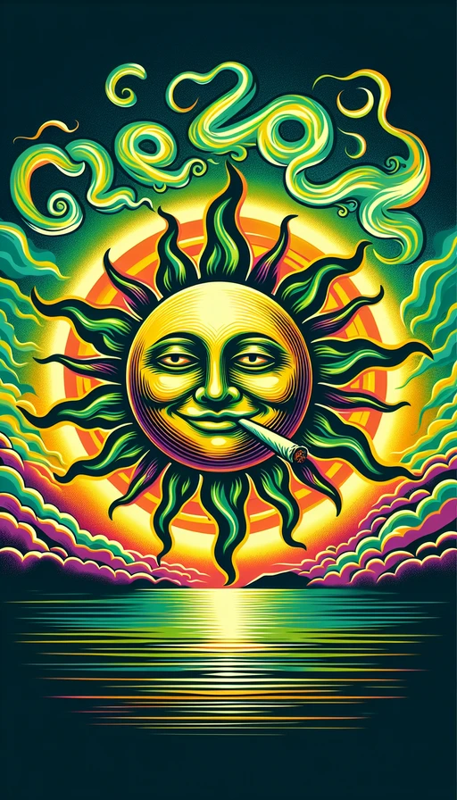 Un sol verde y amarillo con un rostro relajado y ojos entrecerrados, emanando rayos de luz suaves. Las nubes de humo alrededor del sol se retuercen para formar el número “420” claramente. Fondo de atardecer psicodélico. Modo vertical.