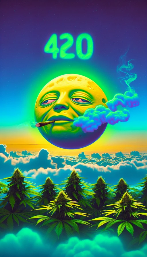 Un sol verde y amarillo flotando en un horizonte psicodélico, con un rostro relajado y ojos soñolientos. En el aire, nubes de humo se enrollan suavemente para formar el número "420". Las plantas de cannabis en primer plano se inclinan ligeramente hacia el sol, atrapadas en un momento de calma absoluta. Modo vertical, captura la esencia de un instante perfecto.
