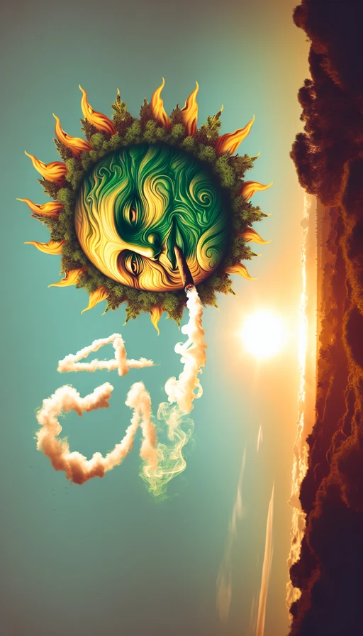 Un sol verde y amarillo antropomorfo, con una cara relajada, flotando en un cielo despejado. El humo forman las cifras "420" con precisión. El fondo es un paisaje relajante con tonos cálidos. Modo vertical.