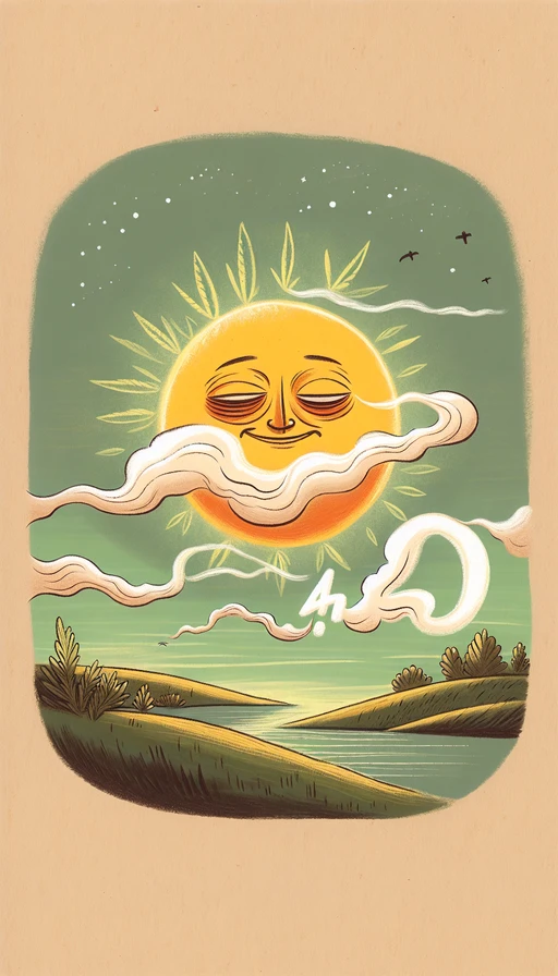 Un sol verde y amarillo con una expresión soñolienta en su rostro, iluminando el cielo mientras suaves nubes de humo se transforman en el número "420". Paisaje tranquilo e introspectivo. Modo vertical.