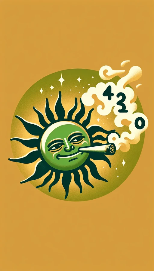 Un sol verde y amarillo en el cielo con cara relajada, irradiando una energía serena y juguetona. Nubes de humo ascendentes que forman cuidadosamente el número "420" flotando en el aire. Modo vertical, capturando la esencia del momento en tonos cálidos.
