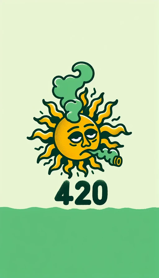 Un sol verde y amarillo con un rostro adormilado, sus rayos transformándose en humo que forma el texto "420". Modo vertical, sin ningún otro texto.