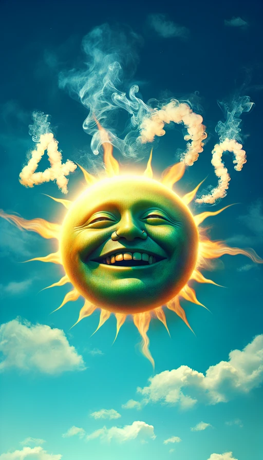 Un sol radiante en tonos verdes y amarillos, con un rostro relajado y ojos risueños, atrapado en el momento mágico de las 4:20. Delicadas nubes de humo flotan hacia el cielo, formando las cifras "420" de manera clara y artística. Todo esto sobre un fondo azul celeste que realza la atmósfera alegre y despreocupada. Modo vertical.