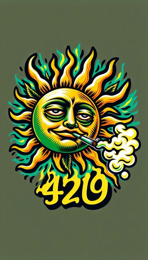 Un sol verde y amarillo con un rostro relajado y ojos semicerrados. Del sol emana humo que, a medida que se eleva, forma claramente el texto "420". Fondo surrealista. Modo vertical.