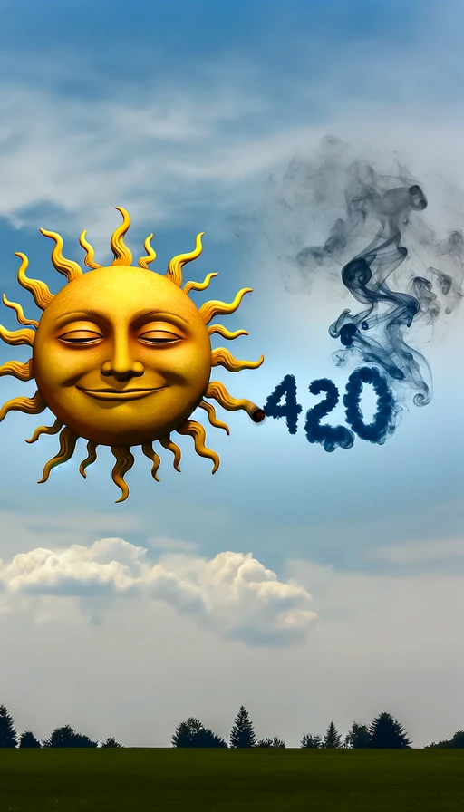 Un sol verde y amarillo con rostro relajado y expresión soñadora irradia calidez en el cielo. Nubes de humo serpentean y se transforman artísticamente en el número "420", capturando la esencia de un momento que celebra la calma y la libertad del espíritu. Escena vertical solamente para resaltar la majestuosidad del sol y la creatividad del humo.