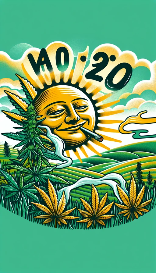 Un sol verde y amarillo en el cielo, con una expresión relajada, irradiando rayos suaves sobre un paisaje de plantas de cannabis. El humo se eleva en el aire para formar cuidadosamente el texto "420". Estilo artístico en modo vertical.