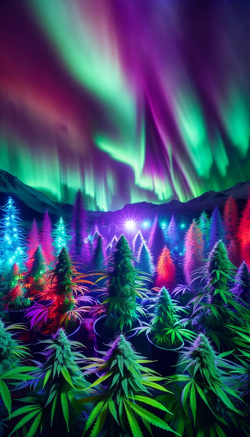 Un jardín místico con luces de aurora boreal iluminando plantas de cannabis de colores vibrantes. Modo vertical.