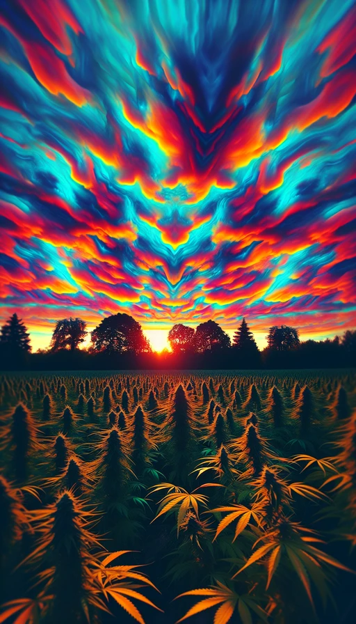Un atardecer psicodélico sobre un campo de cannabis, con nubes que se transforman en formas abstractas. Modo vertical.