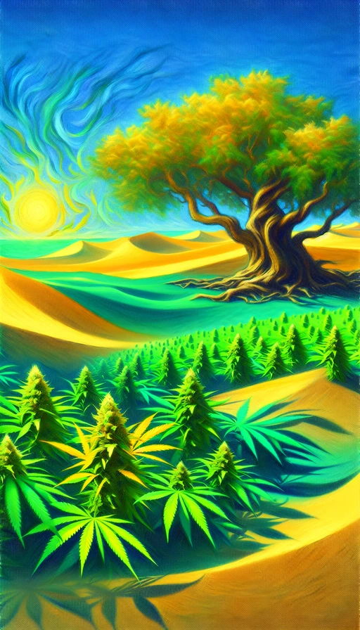 Un oasis verde en medio de un desierto dorado, donde las plantas de cannabis crecen junto a un antiguo árbol que parece contar secretos antiguos. Estilo surrealista. Modo vertical.